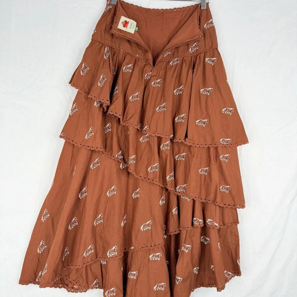 FARM Rio for Anthropologie Maxi skirt Rusty Brown Embroidered Horse Layered XS